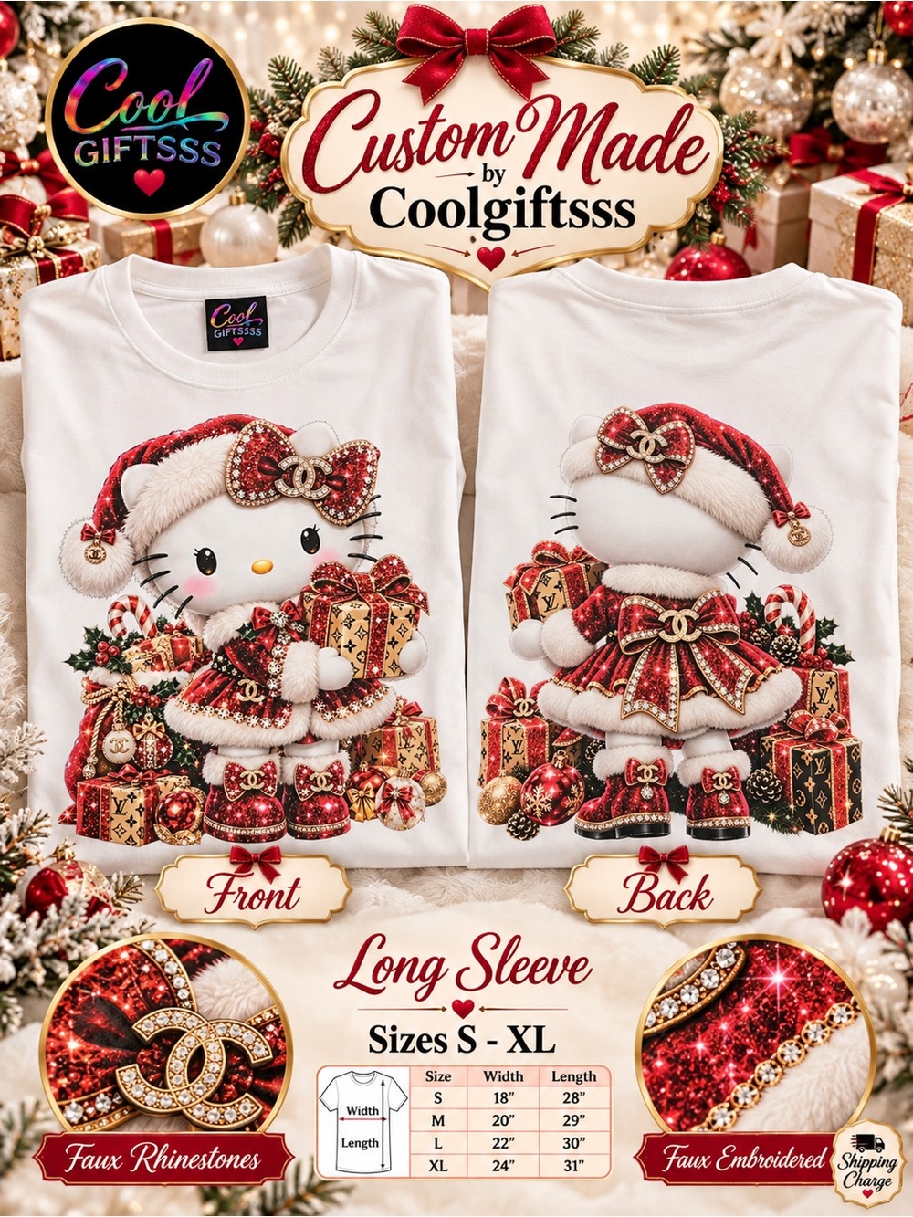 Hello Kitty Holiday Christmas T-Shirt Faux Embroidery & Faux Rhinestones pick 1 - Picture 13 of 16